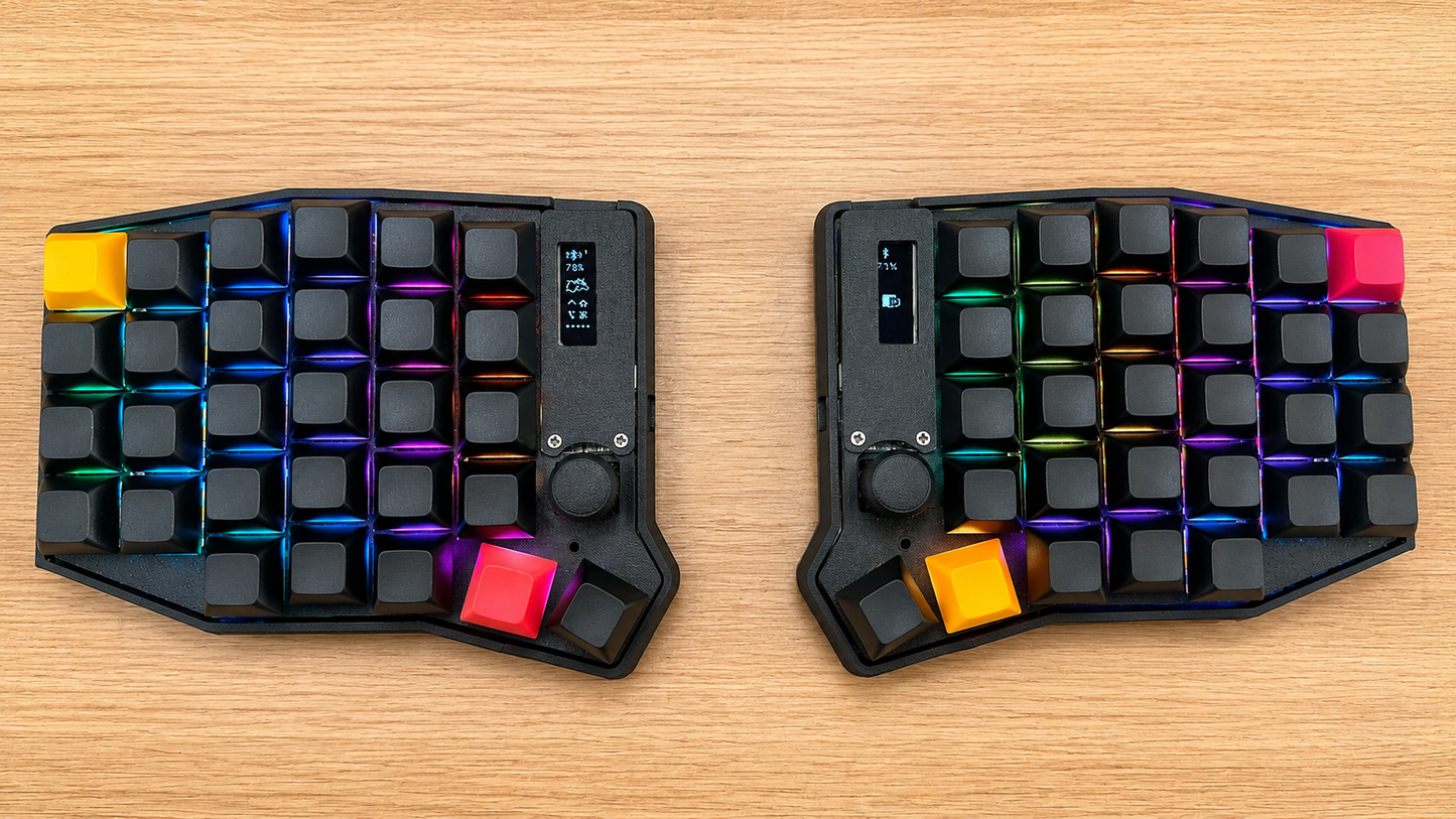Sofle MX 58-key wireless split keyboard in black with DSA keycaps — top-down view