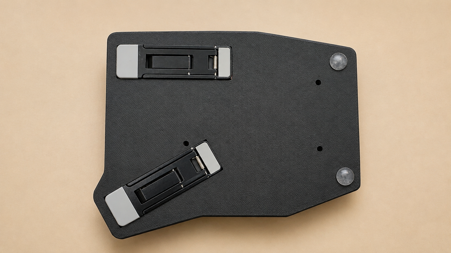 Sofle MX split keyboard rear view showing the built-in retractable tenting mechanism